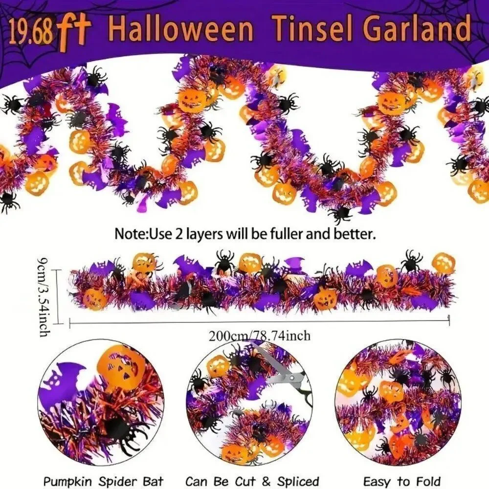 78.74in Halloween Ribbon Garland with Orange Pumpkin, Black Spider, Purple Bat